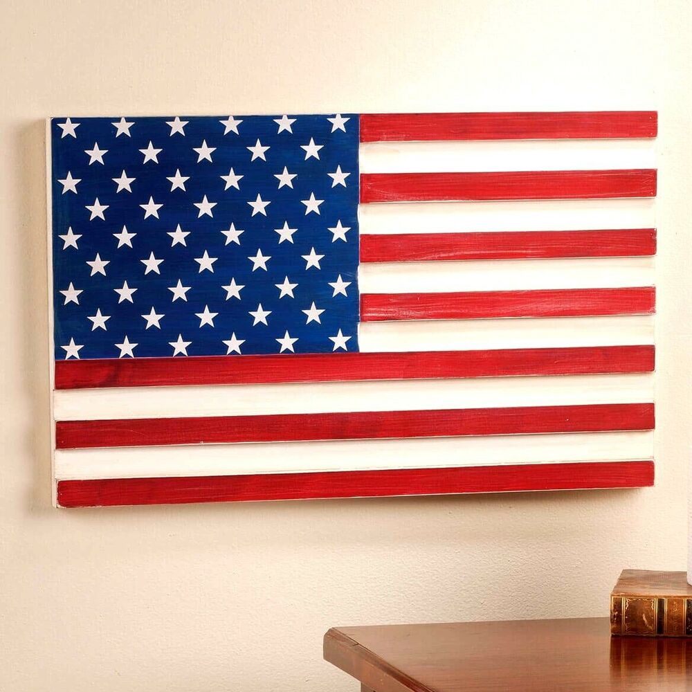 Patriotic American Flag Wood Hanging Plaque Wall Sign Holiday Home 12 x 18 x 1
